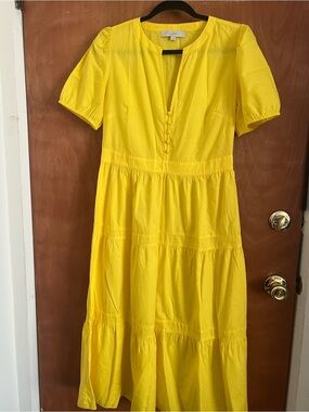 LOFT Bright Yellow Tiered V-Neck Midi Dress